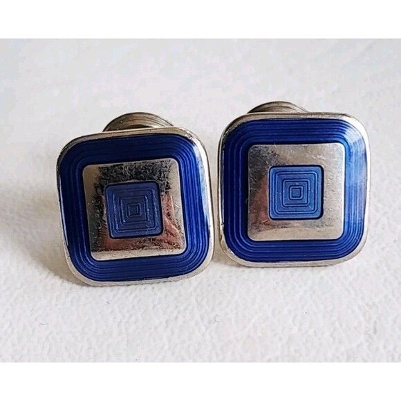 Cufflinks Genuine Charles Tyrwhitt Blue Enameled Silver-Plated Square Made in UK - Picture 1 of 5